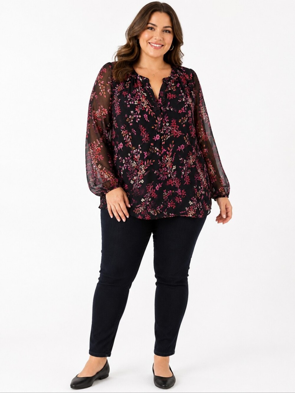 Nanette Lepore 2X Black Floral Sheer Tunic Blouse V-Neck Long Sleeve Boho